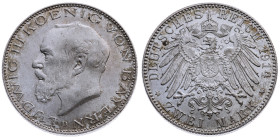 Bayern 
Königreich. Ludwig III., 1913-1918
2 Mark
1914
München Mzz. D

Vs: Kopf des Königs Ludwig III. nach links, unten Münzstättenbuchstabe, U...