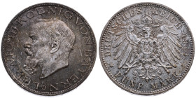 Bayern 
Königreich. Ludwig III., 1913-1918
5 Mark
1914
München Mzz. D

Vs: Kopf des Königs Ludwig III. nach links, unten Münzstättenbuchstabe, U...