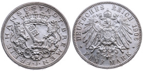 Bremen 
Freie Hansestadt
5 Mark
1906
J Hamburg

Vs: Bekröntes und von Löwen gehaltenes Wappen der Stadt Bremen, unten Münzstättenbuchstabe, Umsc...