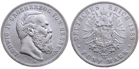 Hessen 
Großherzogtum. Ludwig IV., 1877-1892
5 Mark
1888
A Berlin

Vs: Kopf des Großherzogs Ludwig IV. nach rechts, unten Münzstättenbuchstabe, ...