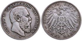 Hessen 
Großherzogtum. Ludwig IV., 1877-1892
2 Mark
1891
A Berlin

Vs: Kopf des Großherzogs Ludwig IV. nach rechts, unten Münzstättenbuchstabe, ...