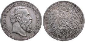 Hessen 
Großherzogtum. Ludwig IV., 1877-1892
5 Mark
1891
A Berlin

Vs: Kopf des Großherzogs Ludwig IV. nach rechts, unten Münzstättenbuchstabe, ...