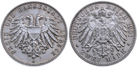 Lübeck 
2 Mark
1901
A Berlin

Vs: Doppelköpfiger Wappenadler der Stadt Lübeck mit Brustschild, unten Münzstättenbuchstabe, Umschrift "FREIE UND H...