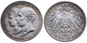 Mecklenburg-Schwerin 
Großherzogtum. Friedrich Franz IV., 1897-1918
2 Mark
1904
A Berlin

Hochzeit des Großherzogs Friedrich Franz II.
Vs: Gest...