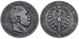 Preussen 
Königreich. Wilhelm I., 1861-1888
2 Mark
1880
A Berlin

Vs: Kopf des Kaisers Wilhelm I. nach rechts, unten Münzstättenbuchstabe, Umsch...