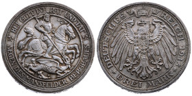 Preussen 
Königreich. Wilhelm II., 1888-1918
3 Mark
1915
A Berlin

100 Jahre Zugehörigkeit von Mansfeld zu Preußen
Vs: Hl. Georg zu Pferd nach ...