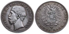 Reuss jüngere Linie 
Heinrich XIV., 1867-1913
2 Mark
1884
A Berlin

Vs: Kopf des Fürsten Heinrich XIV. nach links, unten Münzstättenbuchstabe, U...