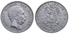 Sachsen 
Königreich. Albert, 1873-1902
5 Mark
1876
Muldenhütte Mzz. E

Vs: Kopf des Königs Albert nach rechts, unten Münzstättenbuchstabe, Umsch...