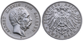Sachsen 
Königreich. Albert, 1873-1902
2 Mark
1899
Muldenhütte Mzz. E

Vs: Kopf des Königs Albert nach rechts, unten Münzstättenbuchstabe, Umsch...