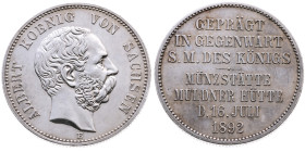 Sachsen 
Königreich. Albert, 1873-1902
2 Mark
1892
Muldenhütte Mzz. E

Besuch des Königs Albert in der Prägestätte in Muldenhütten
Vs: Kopf des...