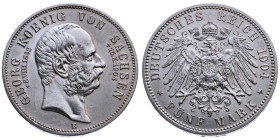 Sachsen 
Königreich. Georg, 1902-1904
5 Mark
1904
Muldenhütte Mzz. E

Tod des Königs Georg
Vs: Kopf des Königs Georg nach rechts, beiderseits L...