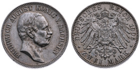 Sachsen 
Königreich. Friedrich August III., 1904-1918
2 Mark
1906
Muldenhütte Mzz. E

Vs: Kopf des Königs Friedrich August III. nach rechts, unt...