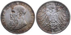 Sachsen-Meiningen 
Georg II., 1866-1914
3 Mark
1908
D München

Vs: Kopf des Herzogs Georg II. nach links, unten Münzstättenbuchstabe, Umschrift ...