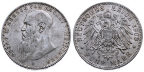 Sachsen-Meiningen 
Georg II., 1866-1914
5 Mark
1908
D München

Vs: Kopf des Herzogs Georg II. nach links, unten Münzstättenbuchstabe, Umschrift:...