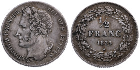 Belgien 
Königreich. Leopold I., 1831-1865
1/2 Franc
1835

Vs: Kopf mit Lorbeerkranz n. l., Umschrift
Rs: Wert und Jahr in Kranz

Material: Si...