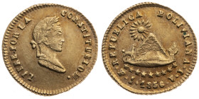 Bolivien 
Republik, seit 1825
1/2 Escudo
1856

Vs: Kopf Bolivars n.r
Rs: Wappen

Material: Gold 875

Größe: 14.0mm
Gewicht: 1.70g

Litera...