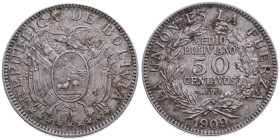 Bolivien 
Republik, seit 1825
50 Centavos
1909
Heaton

Vs: Staatswappen
Rs: Wertangabe in Kranz

Auflage: 1400000
Material: Silber 833

Gr...