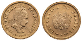 Bolivien 
Republik, seit 1825
3,5 Gramo de Oro Puro
1952

Nationalisierung der Zinnminen
Vs: Staatswappen, Umschrift
Rs: Indianer mit Kopfbedec...
