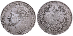 Bulgarien 
Fürstentum. Ferdinand I., 1887-1908
5 Lewa
1894

Vs: Kopf n. l.
Rs: Wert und Jahr in Kranz

Material: Silber 900

Größe: 37.0mm
...