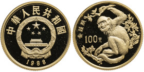 China 
Volksrepublik, seit 1949
100 Yuan
1988
Shenyang

Bedrohte Tierwelt (Low Date)
Vs: Staatswappen, Landesname
Rs: Goldstumpfnasenaffe (Rhi...