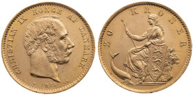Dänemark 
Königreich. Christian IX., 1863-1906
20 Kronen
1873
Kopenhagen

Vs: Kopf n. r., Umschrift
Rs: Landesgöttin sitzend n. l. mit Schild, ...