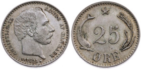 Dänemark 
Königreich. Christian IX., 1863-1906
25 Öre
1891

Vs: Kopf n. r
Rs: Delphin und Ähre um Wert

Auflage: 1214000
Material: Silber 600...