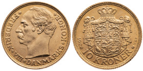 Dänemark 
Königreich. Frederik VIII., 1906-1912
10 Kronen
1908

Vs: Kopf n. l., Umschrift
Rs: Wappen auf gekröntem Wappenmantel, Schrift
Rand: ...