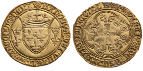 Frankreich 
Königreich. Charles VII., 1422-1461
Ecu d'or
o. J. (1436-1461)
Tours

Vs: Gekröntes Wappen zwischen zwei gekrönten Lilien, Umschrift...