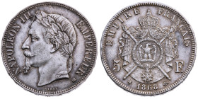Frankreich 
II. Kaiserreich. Napoleon III., 1852-1870
5 Francs
1868
Strasbourg BB

Vs: Kopf mit Lorbeerkranz n. l.
Rs: Gekröntes Wappen

Mate...