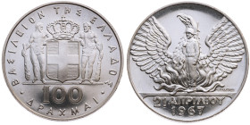 Griechenland 
Königreich. Konstantinos II., 1964-1973
100 Drachmen
1967

Nationalrevolution
Vs: Gekröntes Wappen
Rs: Soldat vor aufsteigendem P...