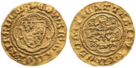 Großbritannien 
England
Königreich. Edward III., 1327-1377
1/4 Noble
o. J. (1356-1361)

Vs: Wappen in Achtpass, Umschrift +EDWAR R ANGL x l x FR...