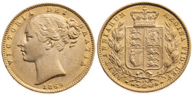 Großbritannien 
Königreich. Victoria, 1837-1901
Sovereign
1869
London

Vs: Kopf n.l. (jugendlich), Umschrift
Rs: Bekröntes Wappen, Umschrift
...
