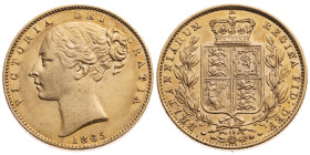Großbritannien 
Königreich. Victoria, 1837-1901
Sovereign
1865
London

Vs: Kopf n.l. (jugendlich), Umschrift
Rs: Bekröntes Wappen, Umschrift
...