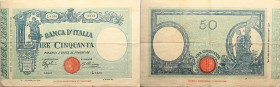 Italien 
50 Lire
1931-1936

Vs: Großer Buchstabe L darauf Frau sitzend mit 2 Kindern, mittig roter Siegel
Rs: Italia rechts

Literatur: WPM WPM...