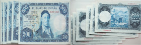 Spanien 
6 x 500 Pesetas
1954

Vs: fortlaufende Nummern, Ignacio Zuloaga
Rs: Gemälde Stadtansicht von Toledo von Zuloaga

Literatur: WPM 148
E...
