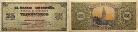 Spanien 
25 Pesetas
1938

Vs: Wappen im Unterdruck, Nominal
Rs: Kathedrale von Sevilla

Literatur: WPM 111
Erhaltung: Schön - sehr schön