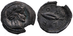 Sizilien 
Leontinoi
Obol
um 476-466 v.Chr.

Vs: Kopf des Apollon mit Lorbeerkranz n. r.
Rs: Gerstenkorn, ΛΕΟΝ

Größe: 12.5mm
Gewicht: 0.71g
...