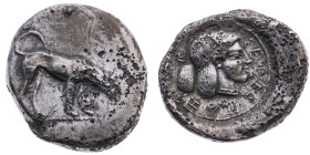 Sizilien 
Segesta
Didrachme
um 475-450 v.Chr

Vs: Hund n. r. schnüffelnd
Rs: Kopf der Nymphe Segesta n. r.

Material: Silber 

Größe: 23.0mm...