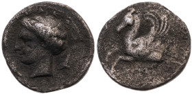 Sizilien 
Syrakus
Republik, 344-317 v.Chr
Hemidrachme
343-317 v. Chr.

(unter Timoleon)
Vs: Kopf einer Nymphe n. l., darum Delphine, ΣΥΡΑΚΟΣΙΩΝ...