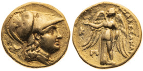 Makedonien 
Königreich
Alexander III. der Große, 336-323 v.Chr
Stater
250-225 v.Chr.
Kallatis.

(posthume Prägung)
Vs: Kopf der Athena n.r
Rs...