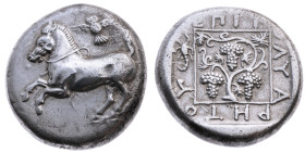 Griechen. Thrakien 
Südl. Thrakien. Maroneia
Stater
um 386/5-348/7

(Magistrat Polyaretos)
Vs: Pferd n. l. galoppierend, oben Eule
Rs: Rebstock...