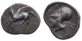 Akarnanien 
Leukas
Stater
um 375-350 v.Chr

Vs: Pegasus n.l., darunter "Λ"
Rs: Kopf der Athene n.l. mit korinthischem Helm, r. Beizeichen

Mat...