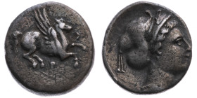 Korinthia 
Korinth
Drachme
um 345-307 v.Chr.

Vs: Pegasus n. r. fliegend, unten ϙ
Rs: Kopf der Aphrodite mit Sakkos n. r.

Material: Silber 
...