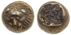 Ionien 
Miletos
1/24 Stater

Vs: Löwenkopf von vorn.
Rs: Quadratum incusum.

Material: Elektron 

Größe: 4.0mm
Gewicht: 0.56g

Literatur: ...