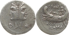 Republik 
Caius Fonteius, Münzbeamter, 114-113 v.Chr.
Denar

Rom

Vs: Belorbeerter Januskopf der Dioskuren, l. Kontrollmarke D und r. Kontrollma...