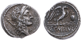 Republik 
Quintus Cassius Longinus, Münzbeamter, 55 v.Chr.
Denar

Rom

Vs: Kopf d. Genius Populi Romani n.r
Rs: Adler auf Blitz n.r. zwischen L...