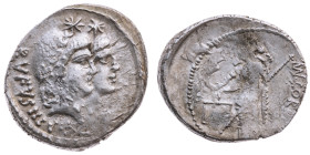 Republik 
Manius Cordius Rufus, Münzbeamter, 46 v.Chr.
Denar

Rom

Vs: Jugendliche Köpfe der Dioskuren n.r
Rs: Venus stehend n.l., mit Waage un...