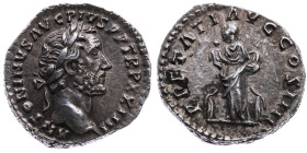 Römer 
Kaiserreich
Antoninus Pius, 138-161
Denar
160-161
Rom

Vs: Kopf mit Lorbeerkranz n. r., Umschrift
Rs: Pietas stehend n. l. mit zwei Kin...