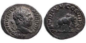 Römer 
Kaiserreich
Caracalla, 198-217
Denar
212
Rom

Vs: Kopf mit Lorbeerkranz n. r., Umschrift ANTONINVS PIVS AVG BRIT
Rs: Elefant n. r., Ums...