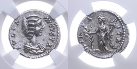 Römer 
Kaiserreich
Iulia Domna (Gemahlin des Septimius Severus), gest. 217
Denar
196-211
Rom

Vs: Drapiertes Brustbild n. r., Umschrift
Rs: Hi...